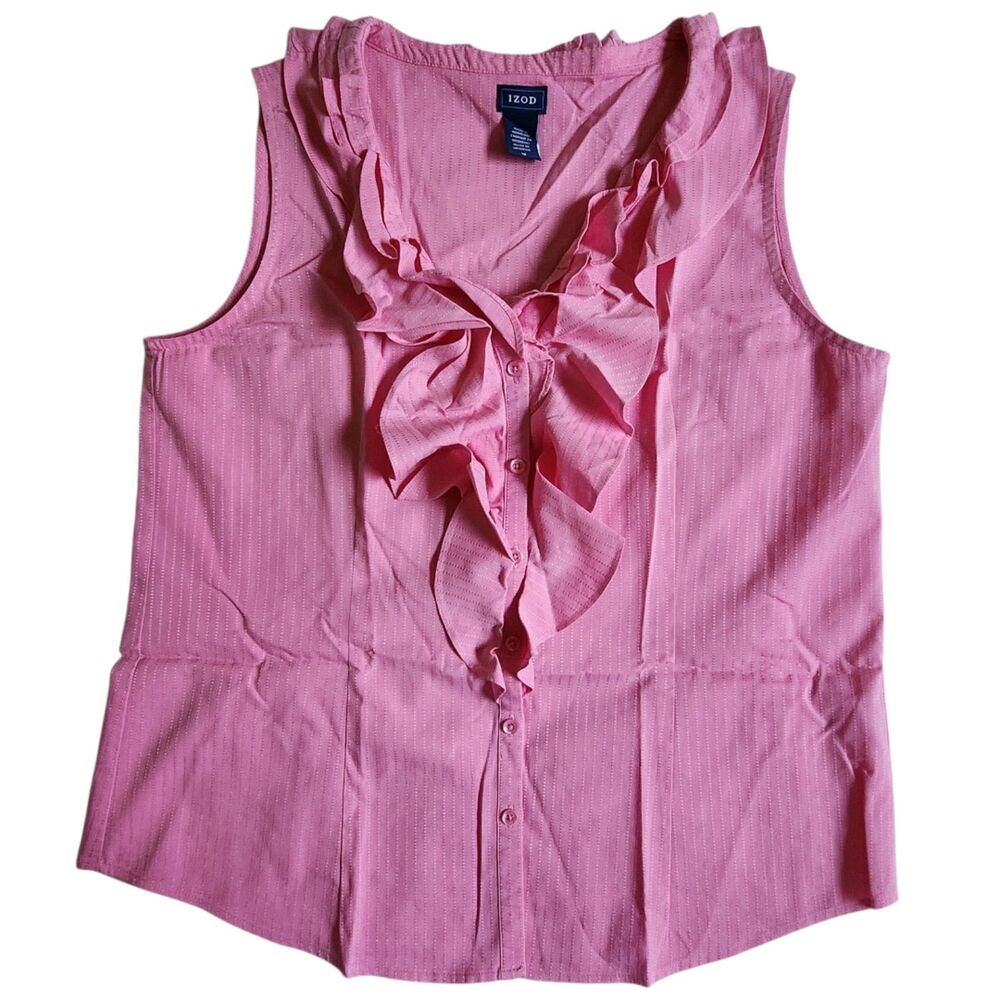IZOD Pink Preppy Ruffle Pinstripe Button Front V Neck Sleeveless Blouse Sz M